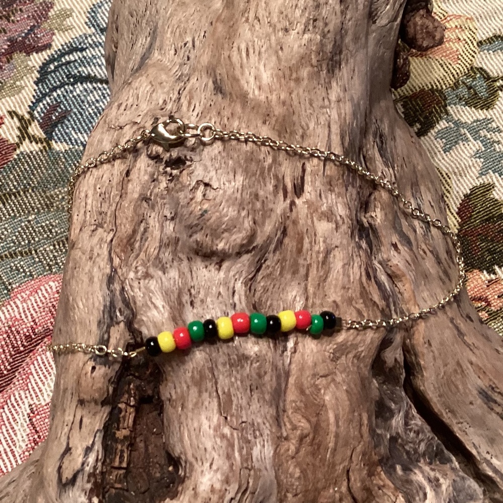 Handcrafted Rasta Bead Gold Chain Bracelet / Anklet 12”